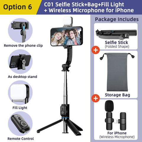 Wireless Bluetooth Selfie Stick: Portable Tripod with Fill Light