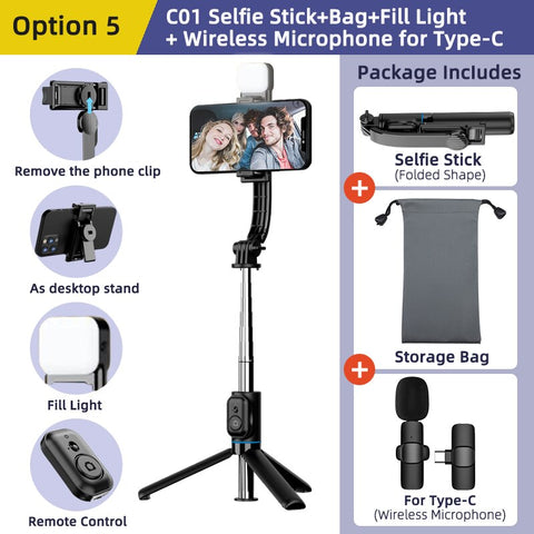 Wireless Bluetooth Selfie Stick: Portable Tripod with Fill Light