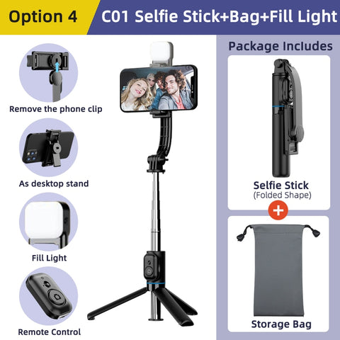 Wireless Bluetooth Selfie Stick: Portable Tripod with Fill Light